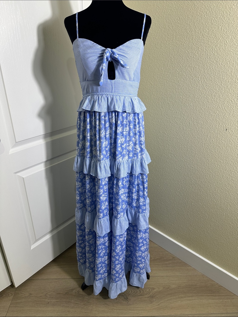 Francesca's Blue and White Striped & floral Maxi Summer Sun Dress. Small